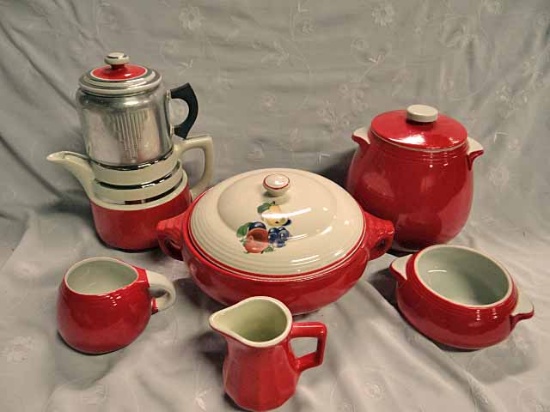 Vintage Hall's Chinese Red Kitchen Wares - Drip O Later With Basket, Bean Pot, Small Casserole Witho