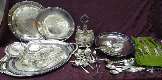 Vintage Silverplate - Large Trays By Rogers, Early American, Camille, Etc. Cruet Set W/ 5 Jars, Has