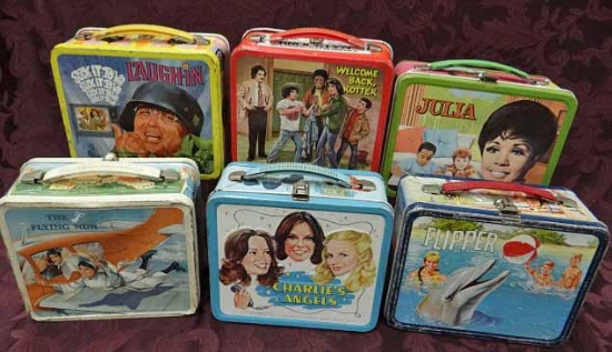 6 Vintage Metal Lunch Boxes: 4 By Aladdin -1964 Laugh In,; '68 Flying Nun, Dent Bottom Center; '77 W
