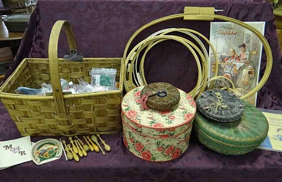 Vintage Sewing - 10 French Wooden Lace Making Bobbins, 3 Woven Sewing Baskets, Wood Slat Market Bask