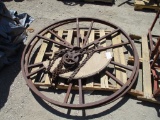 Lot Of (2) Metal Wagon Wheels & Antique Hoist