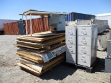Assorted Particle Boards, (2) Filing Cabinets,