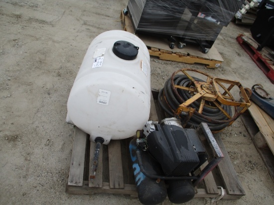 Lot Of Air Compressor, Poly Tank, Hose Reel & Hose