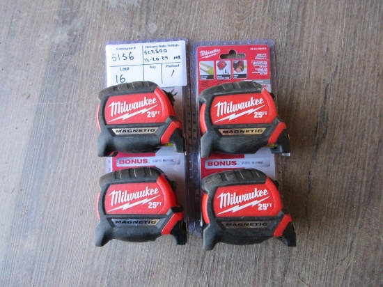 (4) New Unused Milwaukee 25' Tape Measures,