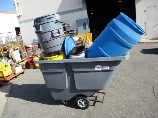 Rolling Hopper Trash Cart & (13) Misc Trash Cans