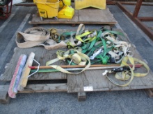 Pallet Of Ratchet Straps, Brooms, Water Hose, Etc