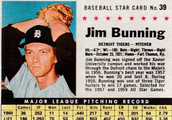 JIM BUNNING 1961 POST CEREAL CARD #39