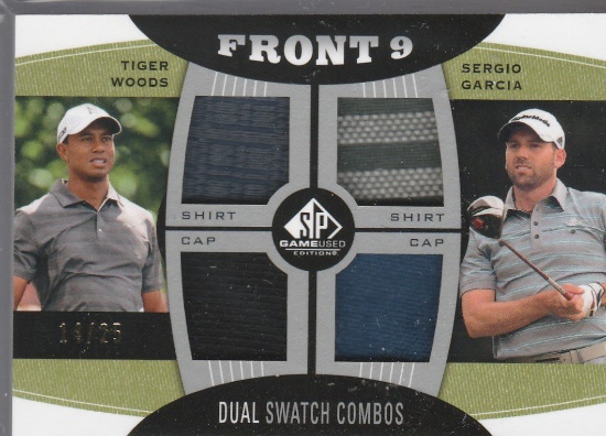 TIGER WOODS / SERGIO GARCIA 2012 SP GAME USED FRONT 9 DUAL SWATCH COMBOS QUAD MATERIAL CARD