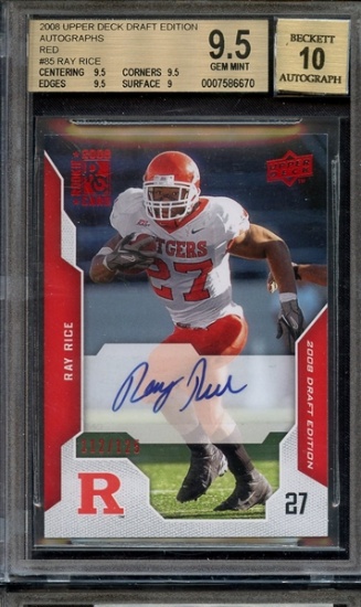 RAY RICE 2008 UD DRAFT EDITION RED AUTOGRAPH ROOKIE CARD #85 / GRADED