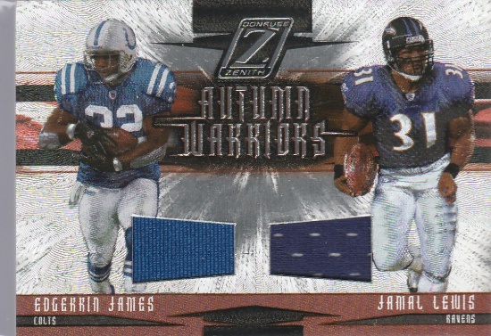EDGERRIN JAMES / JAMAL LEWIS 2005 ZENITH AUTUMN WARRIORS DUAL JERSEY CARD