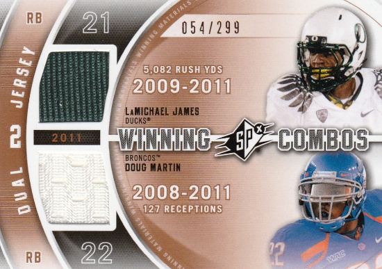 DOUG MARTIN / LAMICHAEL JAMES 2012 SPX DUAL JERSEY CARD