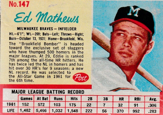 EDDIE MATHEWS 1962 POST CEREAL CARD #147