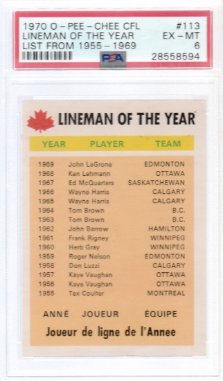 1971 O-PEE-CHEE CFL LINEMAN OF THE YEAR LIST CARD #113 / GRADED