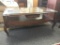 Wonderful cabriole leg glass top oak coffee table with Victorian lines and small drawer