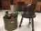 Set of two copper/brass planters with wooden footstool