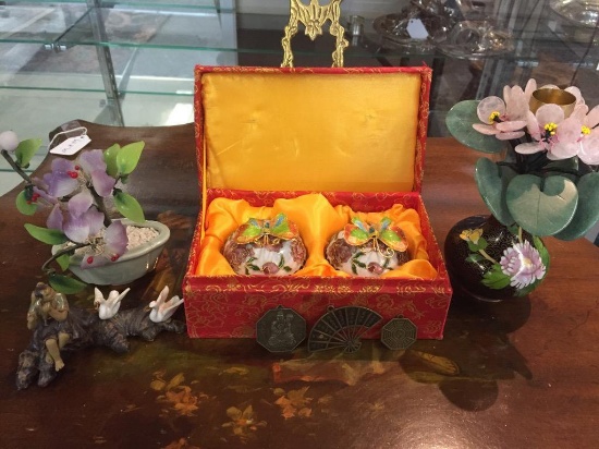 Asian collectibles lot - stone tree, porcelain figure and like new butterfly "egg" dresser boxes