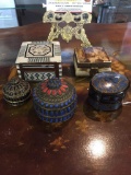Selection of vintage dresser boxes from various regions incl. handmade wooden boxes w/ shell detail