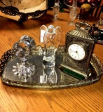 Vintage mirrored silverplate tray w. Baccarat crystal angel, antique ornate napkin holder & Bradley