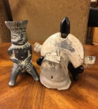Set of vintage hand made pottery tribal pieces incl. flute and bust