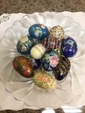 Collection of cloissone and hand painted wood eggs in a glass bowl - $100 + in value