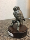 Vintage Lance pewter owl with wood base marked Burques