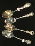Set of 4 sterling silver antique engraved souvenir spoons