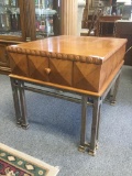 Modern oak end table with geometrical design and antique inspired legs