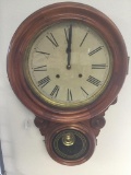 Antique hanging time strike wall clock in oak case - no makers mark - as is cond