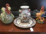 Set of Rooster themed decor - hand painted figure, cookie jar and asian rooster vase and plate