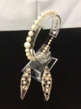 Pair of antique sterling silver clip on earrings w/ pearl accents and a faux pearl bracelet