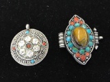 Set of two antique Native American handmade pendants - turquoise, coral, tigers eye see pics