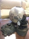 Base, lamp, and hand painted bulb for antique oil lamps - fair cond
