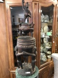 Antique hand carved African two tier lidded vessel w/ simple tribal design & pillars of men