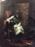 Modern print of antique painting depicting girl and her dog - in nice gold frame