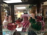 Selection of hand blown & signed art glass pieces - green and pinks