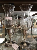 Sterling silver candle holders with etched glass shades