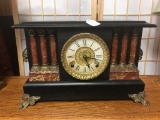 Antique E. Ingraham clock co. Mantle clock w/ faux marble and brass embellishments - as is