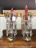 Antique pair of hand cut crystal candleholders w/ gold luster grape motif -amazing