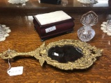 Set of dresser top collectibles - Victorian look can't mirror and jewelry box with perfume bottle