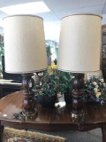 Set of two mid century style solid wood and brass table lamps