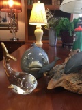 Wonderful mounted dolphins on driftwood by John Perry & blown glass whale w/ ceramic glazed