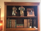 Set of leather bound classics, 4 folk art figurines and a copper and wood picture frame