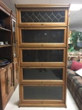 Modern oak 5 drawer lawyers bookcase with sliding glass doors - antique inspired