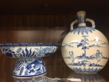 Antique asian double handled vase w/ modern asian blue and white elevated bowl