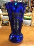 Antique cobalt blue vase with sterling silver floral crest motif