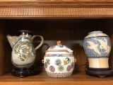 Selection of vintage asian decorative pieces - lidded vessel w/ food dog topper, and stoneware