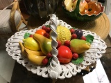 Capodimonte Italian Porcelain braided basket and fruit porcelain centerpiece