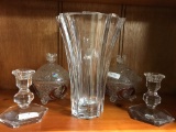 Tall cut crystal deco vase, Lambert crystal candlesticks & 2 Hofbauer crystal lidded jars