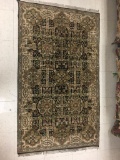 Antique hand woven rug w/ green & black colors & renaissance aesthetic