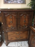 Vintage 40's influenced 5 drawer dresser with brass pulls and ornate design
